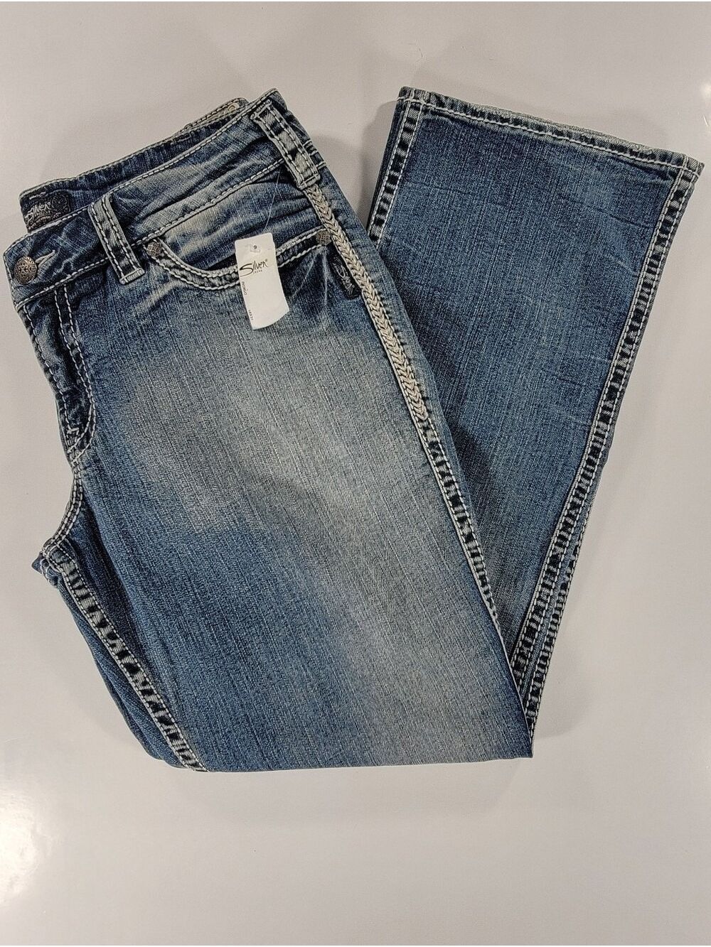 NEW Silver Jeans Women's Suki Flap 17" Bootcut Blue Denim Stretch 16 NWT 36x31